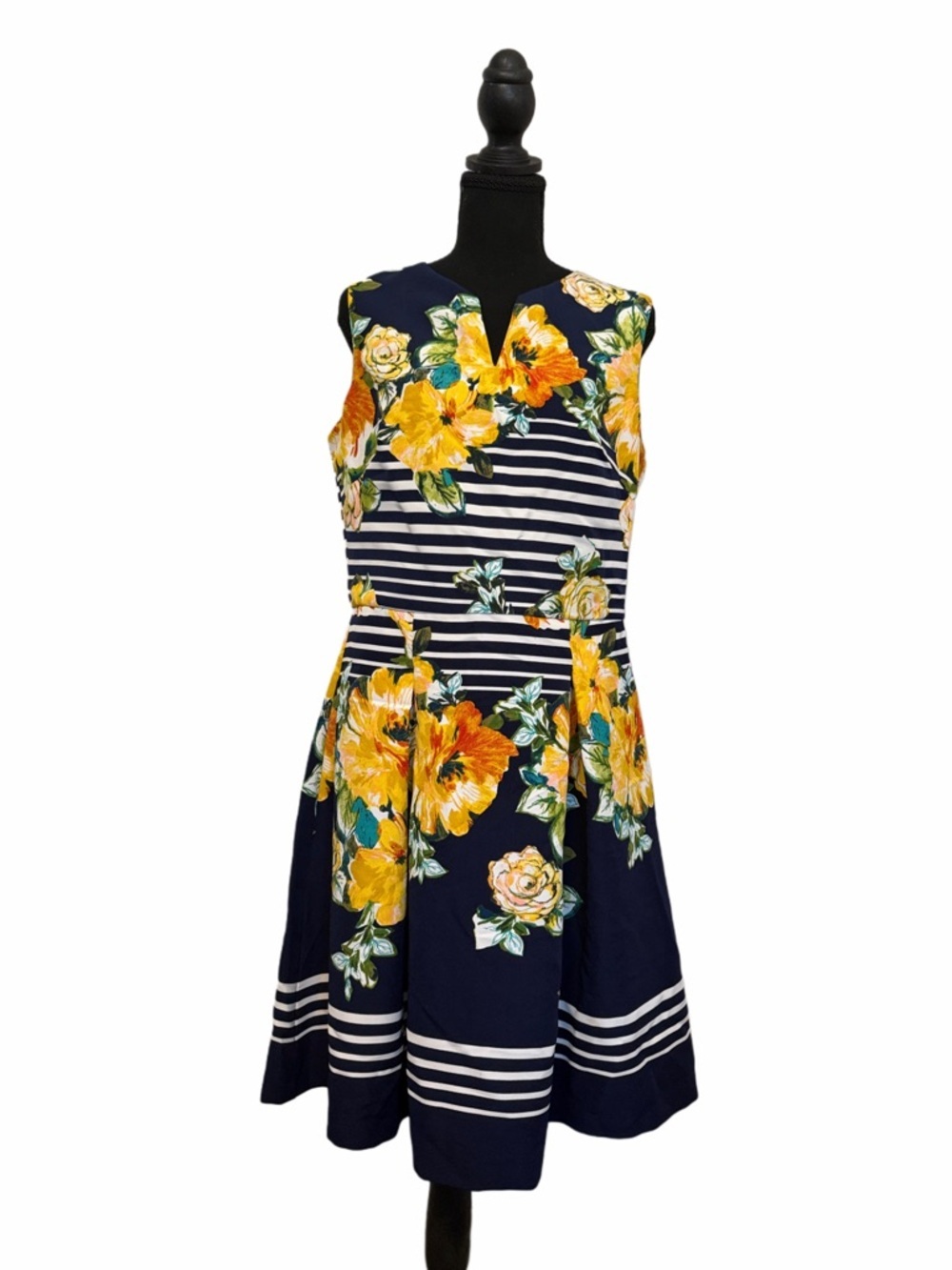 Sleeveless Navy Midi Dress with Yellow Floral Print